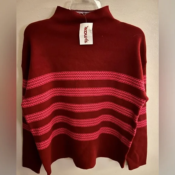 NWT TAHARI Women's Long Sleeve Mock Neck Pullover Sweater Size L Red Pink Stripe